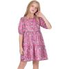 imageQuedoris Girls Casual Dress Printed and Solid Color Lantern Sleeve Loose Flowy Swing Shift Dress with ButtonPink Floral