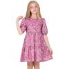 imageQuedoris Girls Casual Dress Printed and Solid Color Lantern Sleeve Loose Flowy Swing Shift Dress with ButtonPink Floral