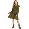 imageQuedoris Girls Ruffle Trim Dress Print and Solid Color Aline Swing Flared Belted Casual Party Dress with ZipperArmy Green Fall