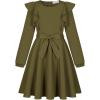 imageQuedoris Girls Ruffle Trim Dress Print and Solid Color Aline Swing Flared Belted Casual Party Dress with ZipperArmy Green Fall