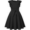 imageQuedoris Girls Ruffle Trim Dress Print and Solid Color Aline Swing Flared Belted Casual Party Dress with ZipperBlack
