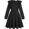 imageQuedoris Girls Ruffle Trim Dress Print and Solid Color Aline Swing Flared Belted Casual Party Dress with ZipperBlack Fall