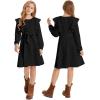 imageQuedoris Girls Ruffle Trim Dress Print and Solid Color Aline Swing Flared Belted Casual Party Dress with ZipperBlack Fall