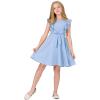 imageQuedoris Girls Ruffle Trim Dress Print and Solid Color Aline Swing Flared Belted Casual Party Dress with ZipperBlue