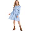 imageQuedoris Girls Ruffle Trim Dress Print and Solid Color Aline Swing Flared Belted Casual Party Dress with ZipperBlue Fall