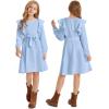 imageQuedoris Girls Ruffle Trim Dress Print and Solid Color Aline Swing Flared Belted Casual Party Dress with ZipperBlue Fall