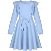 imageQuedoris Girls Ruffle Trim Dress Print and Solid Color Aline Swing Flared Belted Casual Party Dress with ZipperBlue Fall