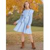 imageQuedoris Girls Ruffle Trim Dress Print and Solid Color Aline Swing Flared Belted Casual Party Dress with ZipperBlue Fall