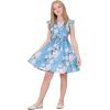 imageQuedoris Girls Ruffle Trim Dress Print and Solid Color Aline Swing Flared Belted Casual Party Dress with ZipperBlue Floral