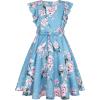 imageQuedoris Girls Ruffle Trim Dress Print and Solid Color Aline Swing Flared Belted Casual Party Dress with ZipperBlue Floral