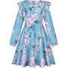 imageQuedoris Girls Ruffle Trim Dress Print and Solid Color Aline Swing Flared Belted Casual Party Dress with ZipperBlue Floral Fall