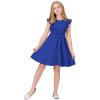 imageQuedoris Girls Ruffle Trim Dress Print and Solid Color Aline Swing Flared Belted Casual Party Dress with ZipperBright Blue