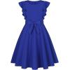 imageQuedoris Girls Ruffle Trim Dress Print and Solid Color Aline Swing Flared Belted Casual Party Dress with ZipperBright Blue