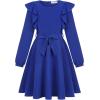 imageQuedoris Girls Ruffle Trim Dress Print and Solid Color Aline Swing Flared Belted Casual Party Dress with ZipperBright Blue Fall