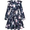 imageQuedoris Girls Ruffle Trim Dress Print and Solid Color Aline Swing Flared Belted Casual Party Dress with ZipperDark Blue Floral Fall
