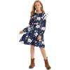 imageQuedoris Girls Ruffle Trim Dress Print and Solid Color Aline Swing Flared Belted Casual Party Dress with ZipperDark Blue Floral Fall