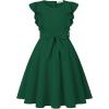 imageQuedoris Girls Ruffle Trim Dress Print and Solid Color Aline Swing Flared Belted Casual Party Dress with ZipperDark Green