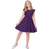 imageQuedoris Girls Ruffle Trim Dress Print and Solid Color Aline Swing Flared Belted Casual Party Dress with ZipperDark Purple