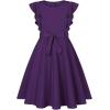 imageQuedoris Girls Ruffle Trim Dress Print and Solid Color Aline Swing Flared Belted Casual Party Dress with ZipperDark Purple