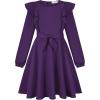 imageQuedoris Girls Ruffle Trim Dress Print and Solid Color Aline Swing Flared Belted Casual Party Dress with ZipperDark Purple Fall