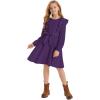 imageQuedoris Girls Ruffle Trim Dress Print and Solid Color Aline Swing Flared Belted Casual Party Dress with ZipperDark Purple Fall