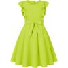 imageQuedoris Girls Ruffle Trim Dress Print and Solid Color Aline Swing Flared Belted Casual Party Dress with ZipperFluorescent Green