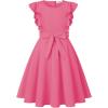 imageQuedoris Girls Ruffle Trim Dress Print and Solid Color Aline Swing Flared Belted Casual Party Dress with ZipperFuchsia