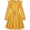 imageQuedoris Girls Ruffle Trim Dress Print and Solid Color Aline Swing Flared Belted Casual Party Dress with ZipperGinger Fall