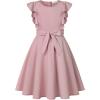 imageQuedoris Girls Ruffle Trim Dress Print and Solid Color Aline Swing Flared Belted Casual Party Dress with ZipperGrey Pink