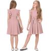 imageQuedoris Girls Ruffle Trim Dress Print and Solid Color Aline Swing Flared Belted Casual Party Dress with ZipperGrey Pink