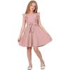 imageQuedoris Girls Ruffle Trim Dress Print and Solid Color Aline Swing Flared Belted Casual Party Dress with ZipperGrey Pink