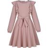 imageQuedoris Girls Ruffle Trim Dress Print and Solid Color Aline Swing Flared Belted Casual Party Dress with ZipperGrey Pink Fall
