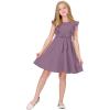 imageQuedoris Girls Ruffle Trim Dress Print and Solid Color Aline Swing Flared Belted Casual Party Dress with ZipperGrey Purple
