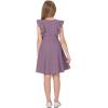 imageQuedoris Girls Ruffle Trim Dress Print and Solid Color Aline Swing Flared Belted Casual Party Dress with ZipperGrey Purple