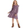 imageQuedoris Girls Ruffle Trim Dress Print and Solid Color Aline Swing Flared Belted Casual Party Dress with ZipperGrey Purple Fall