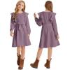 imageQuedoris Girls Ruffle Trim Dress Print and Solid Color Aline Swing Flared Belted Casual Party Dress with ZipperGrey Purple Fall