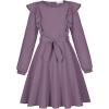 imageQuedoris Girls Ruffle Trim Dress Print and Solid Color Aline Swing Flared Belted Casual Party Dress with ZipperGrey Purple Fall