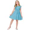 imageQuedoris Girls Ruffle Trim Dress Print and Solid Color Aline Swing Flared Belted Casual Party Dress with ZipperLake Blue