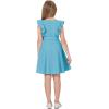 imageQuedoris Girls Ruffle Trim Dress Print and Solid Color Aline Swing Flared Belted Casual Party Dress with ZipperLake Blue