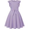 imageQuedoris Girls Ruffle Trim Dress Print and Solid Color Aline Swing Flared Belted Casual Party Dress with ZipperLavender