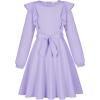imageQuedoris Girls Ruffle Trim Dress Print and Solid Color Aline Swing Flared Belted Casual Party Dress with ZipperLavender Fall