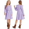 imageQuedoris Girls Ruffle Trim Dress Print and Solid Color Aline Swing Flared Belted Casual Party Dress with ZipperLavender Fall