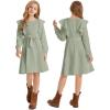 imageQuedoris Girls Ruffle Trim Dress Print and Solid Color Aline Swing Flared Belted Casual Party Dress with ZipperMint Fall