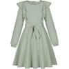 imageQuedoris Girls Ruffle Trim Dress Print and Solid Color Aline Swing Flared Belted Casual Party Dress with ZipperMint Fall
