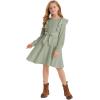 imageQuedoris Girls Ruffle Trim Dress Print and Solid Color Aline Swing Flared Belted Casual Party Dress with ZipperMint Fall