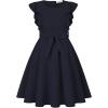 imageQuedoris Girls Ruffle Trim Dress Print and Solid Color Aline Swing Flared Belted Casual Party Dress with ZipperNavy