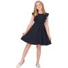 imageQuedoris Girls Ruffle Trim Dress Print and Solid Color Aline Swing Flared Belted Casual Party Dress with ZipperNavy