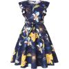 imageQuedoris Girls Ruffle Trim Dress Print and Solid Color Aline Swing Flared Belted Casual Party Dress with ZipperNavy Floral