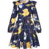 imageQuedoris Girls Ruffle Trim Dress Print and Solid Color Aline Swing Flared Belted Casual Party Dress with ZipperNavy Floral Fall