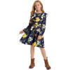 imageQuedoris Girls Ruffle Trim Dress Print and Solid Color Aline Swing Flared Belted Casual Party Dress with ZipperNavy Floral Fall